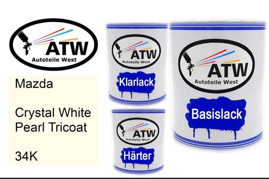 Mazda, Crystal White Pearl Tricoat, 34K: 1L Lackdose + 1L Klarlack + 500ml Härter - Set, von ATW Autoteile West.